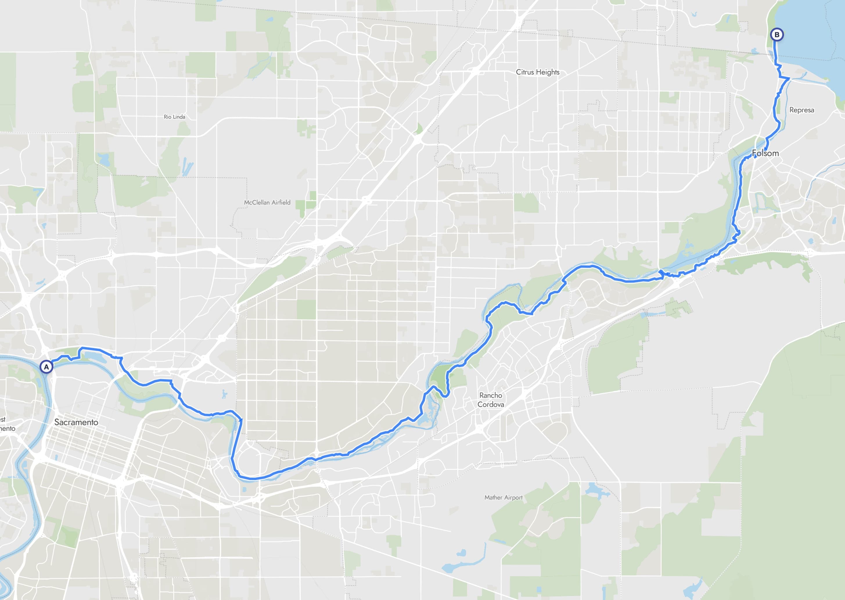 Map route from Sacramento to Folsom Lake