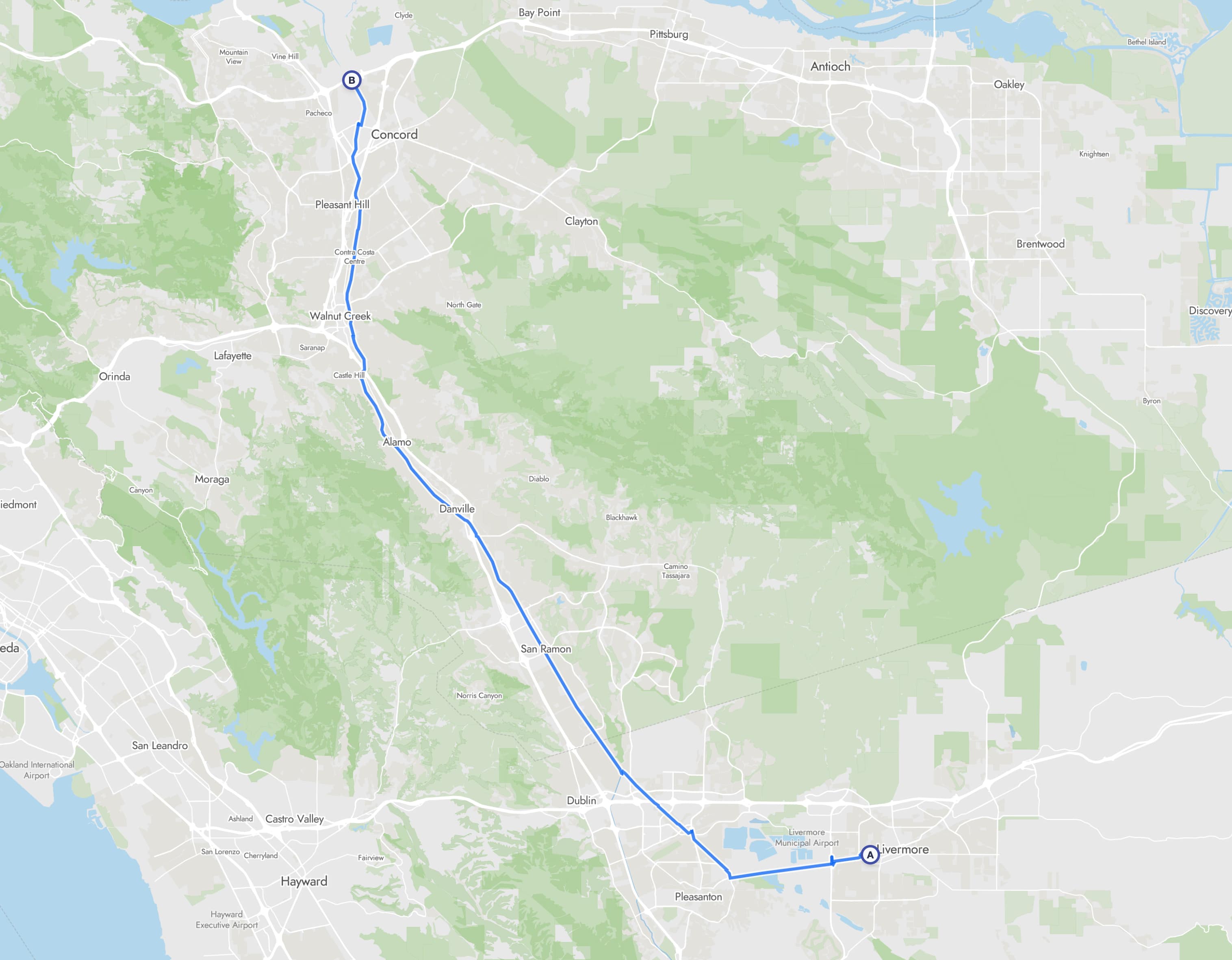 Map route from Concord, California to Pleasanton, California