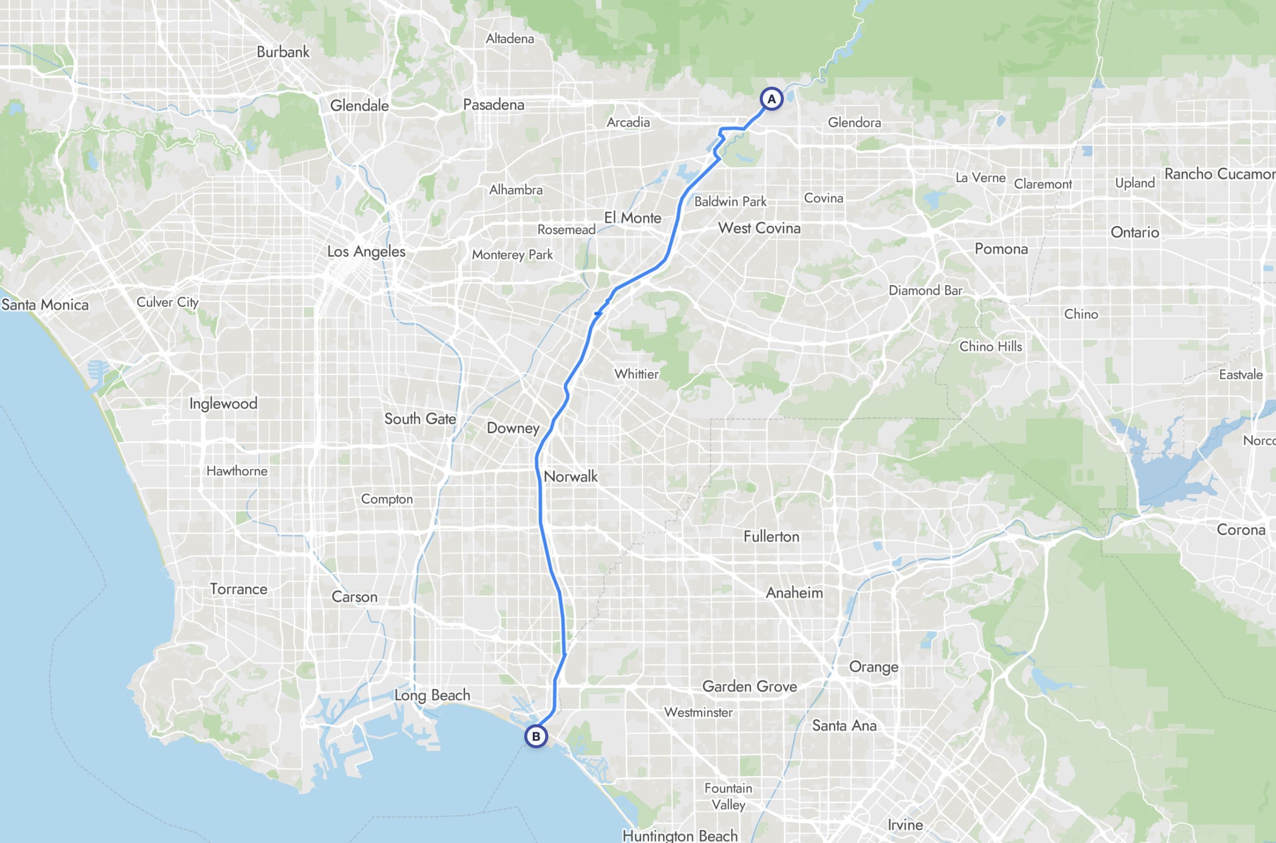Map route from Azusa, Los Angeles to Seal Beach, Los Angeles