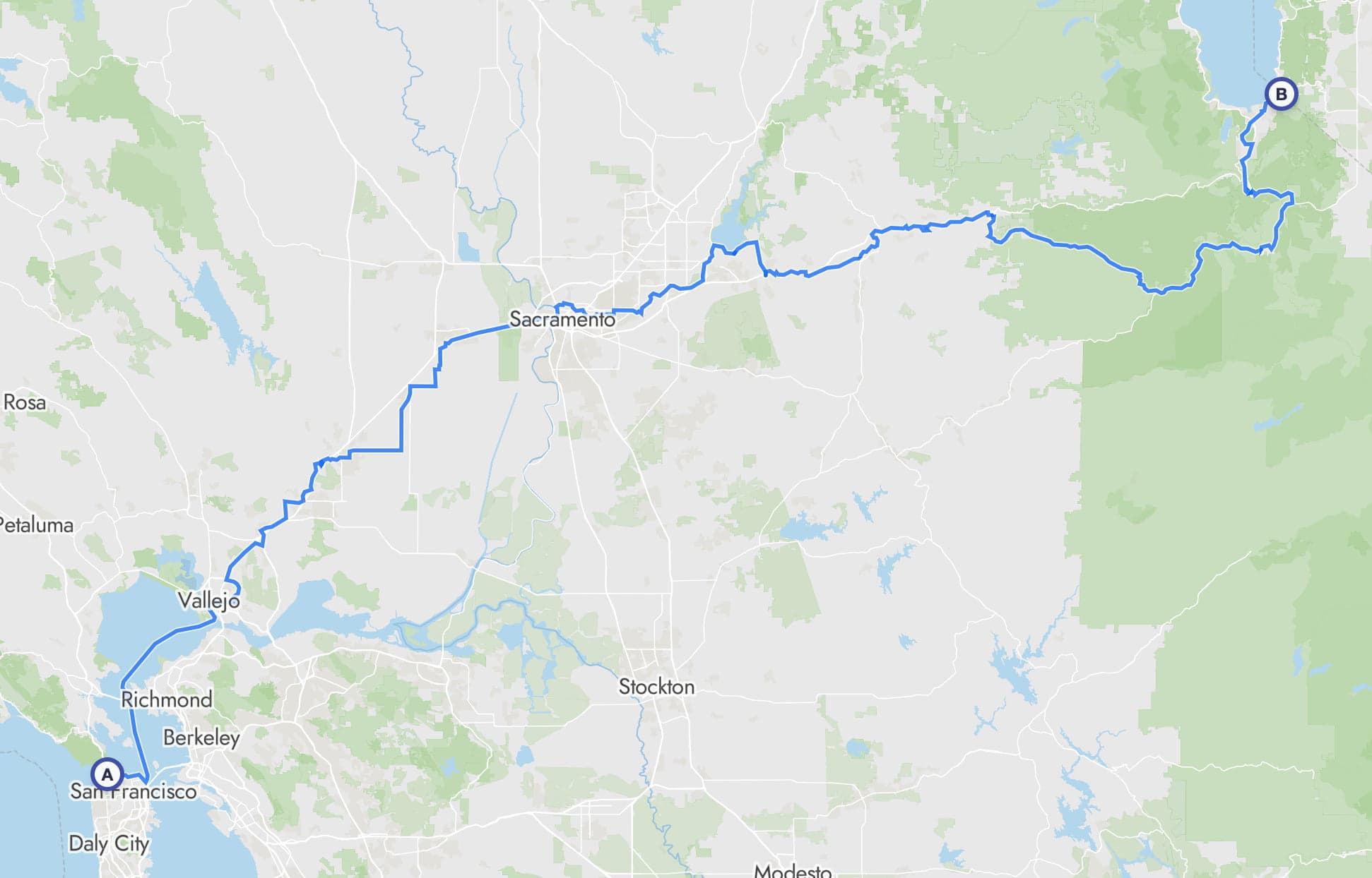 Map route from San Francisco, California to Lake Tahoe, California